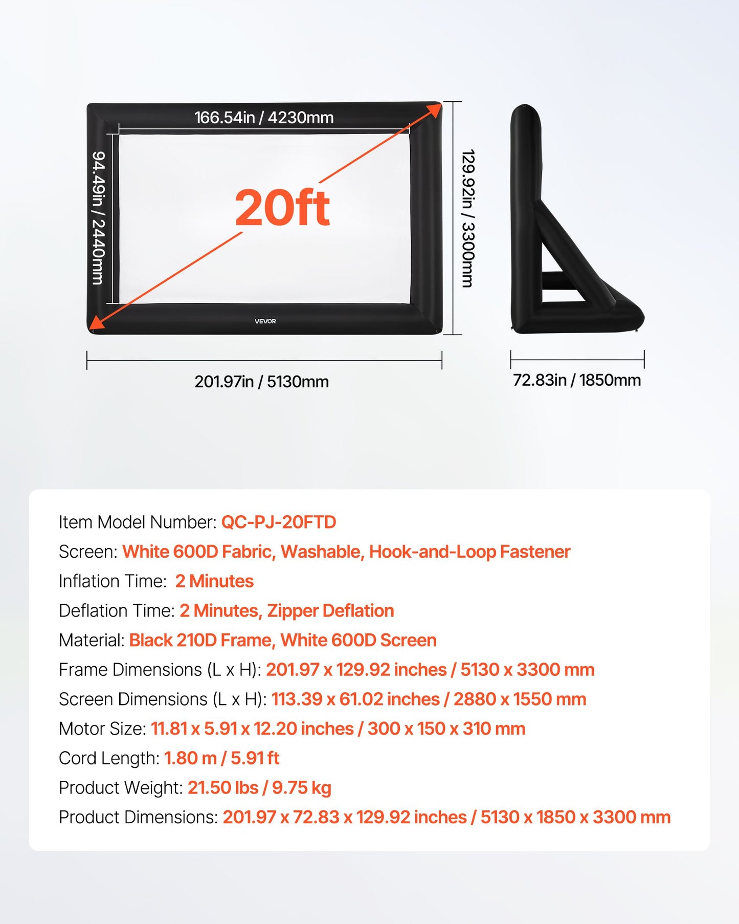 20 ft Inflatable Movie Screen, 600D Washable Inflatable Projection Screen with Portable Storage Bag, Easy Set Up 16:9 Movie Projector for Outdoor Backyard, Home Theater, Theme Party, Pool Fun