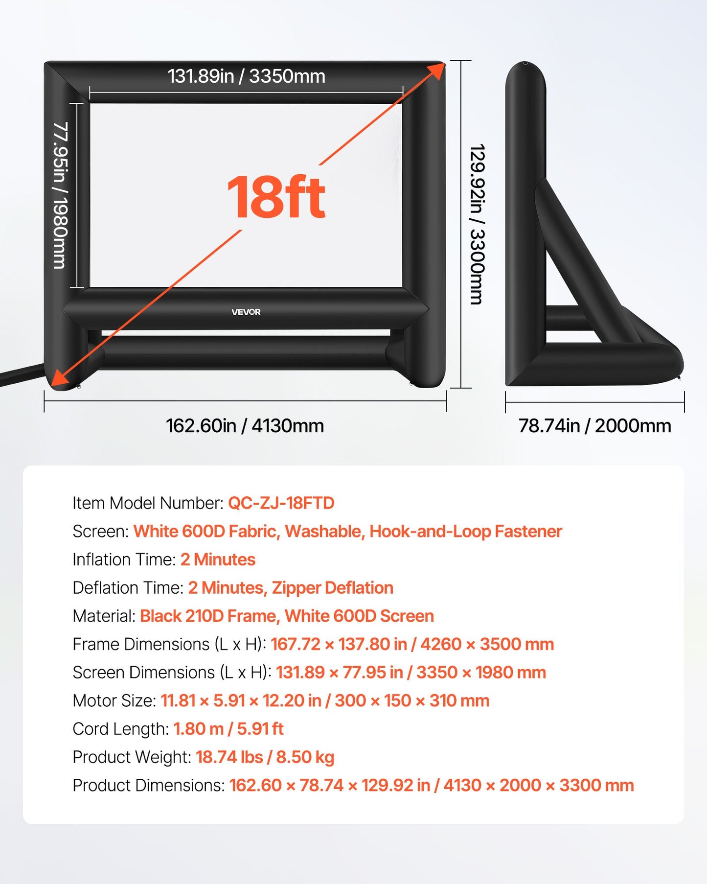 18 ft Inflatable Movie Screen, 600D Washable Inflatable Projector Screen with Portable Storage Bag, 16:9 Easy Set Up Movie Projection for Outdoor Backyard, Home Theater, Theme Party, Pool Fun