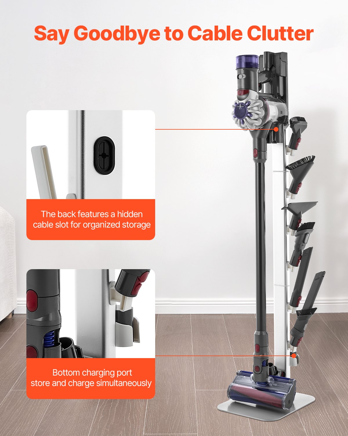 Dammsugningsställ, kompatibelt med Dyson G5 V15 V12 V11 V10 V8 V7 V6-serien, upprättstående dammsugare och tillbehör, stabilt dammsugningsställ med 6 krokar och halkfria fotplattor, grå