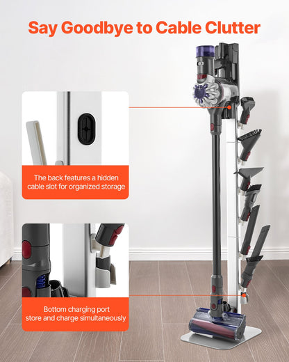 Dammsugningsställ, kompatibelt med Dyson G5 V15 V12 V11 V10 V8 V7 V6-serien, upprättstående dammsugare och tillbehör, stabilt dammsugningsställ med 6 krokar och halkfria fotplattor, grå