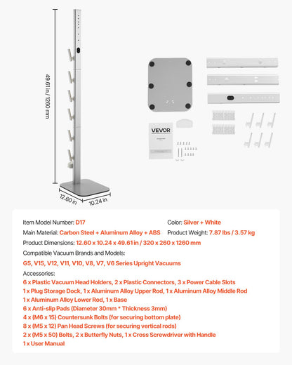 Dammsugningsställ, kompatibelt med Dyson G5 V15 V12 V11 V10 V8 V7 V6-serien, upprättstående dammsugare och tillbehör, stabilt dammsugningsställ med 6 krokar och halkfria fotplattor, grå