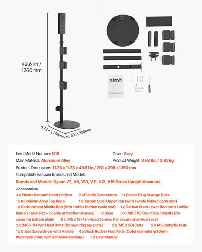 Dammsugsställ, kompatibelt med V7 V8 V10 V11 V12 V15-seriens upprättstående dammsugare och tillbehör, stabilt dammsugsställ med 4 halkfria dynor och 3 klämmor för förvaring av 6 borsthuvuden