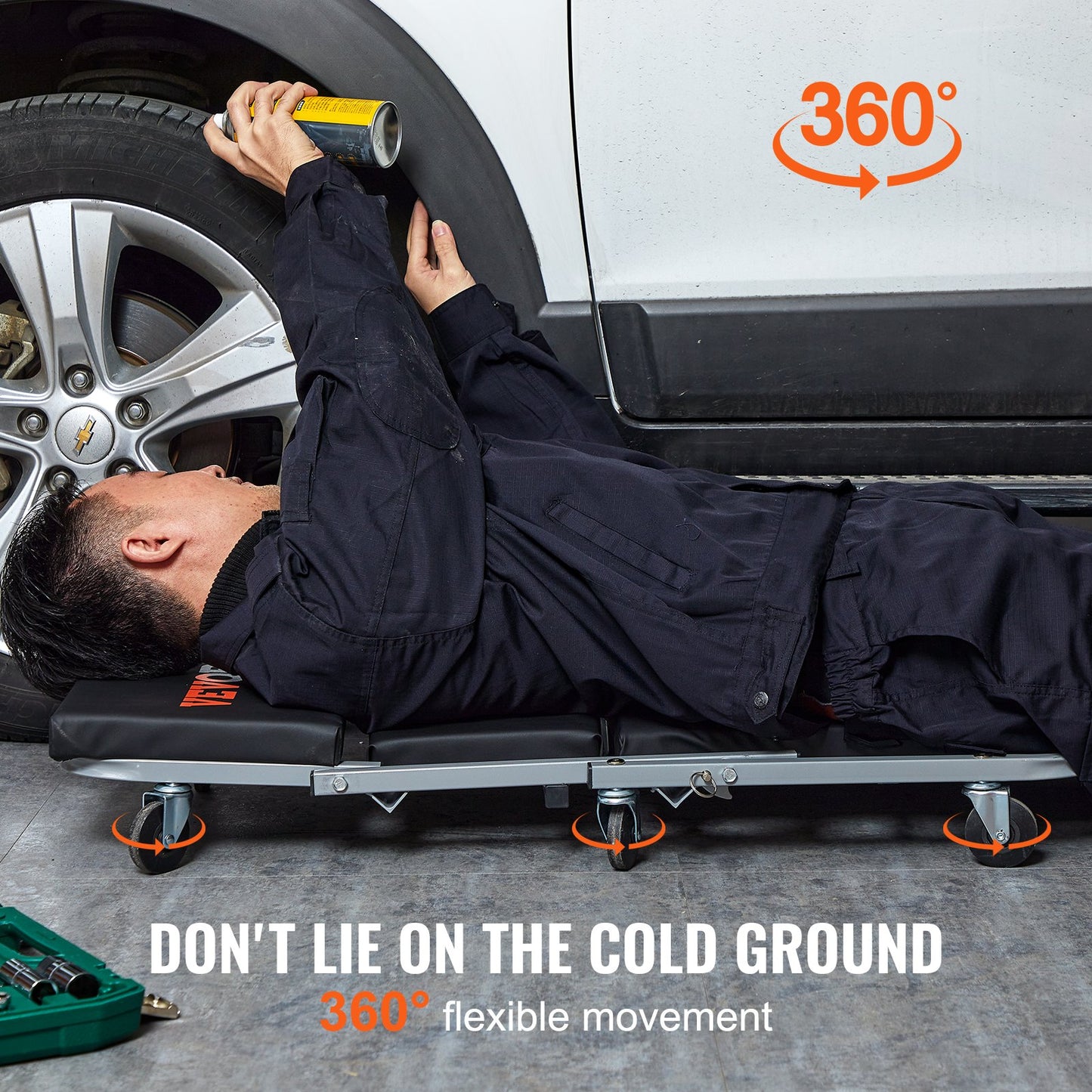 Z-Creeper-säte, 2-i-1 rullande hopfällbar krypstol/pall, 136 kg kapacitet för mekanikerkrypstol, lågprofilkrypstol med 6 st hjul för garage, verkstad, bilreparationer, ligg- eller sittplatser, svart