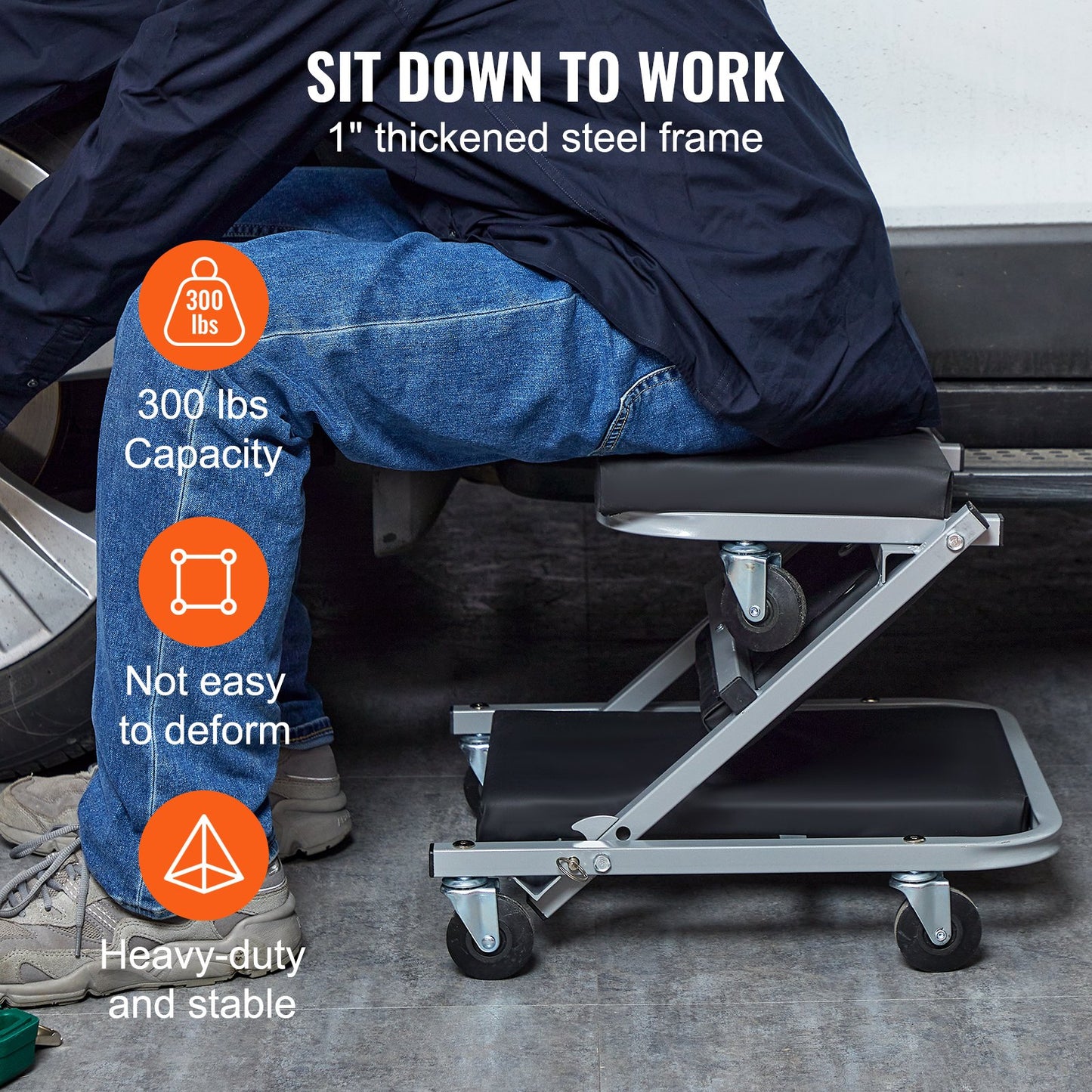 Z-Creeper-säte, 2-i-1 rullande hopfällbar krypstol/pall, 136 kg kapacitet för mekanikerkrypstol, lågprofilkrypstol med 6 st hjul för garage, verkstad, bilreparationer, ligg- eller sittplatser, svart