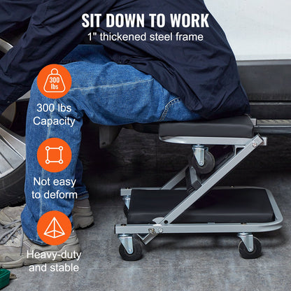 Z-Creeper-säte, 2-i-1 rullande hopfällbar krypstol/pall, 136 kg kapacitet för mekanikerkrypstol, lågprofilkrypstol med 6 st hjul för garage, verkstad, bilreparationer, ligg- eller sittplatser, svart