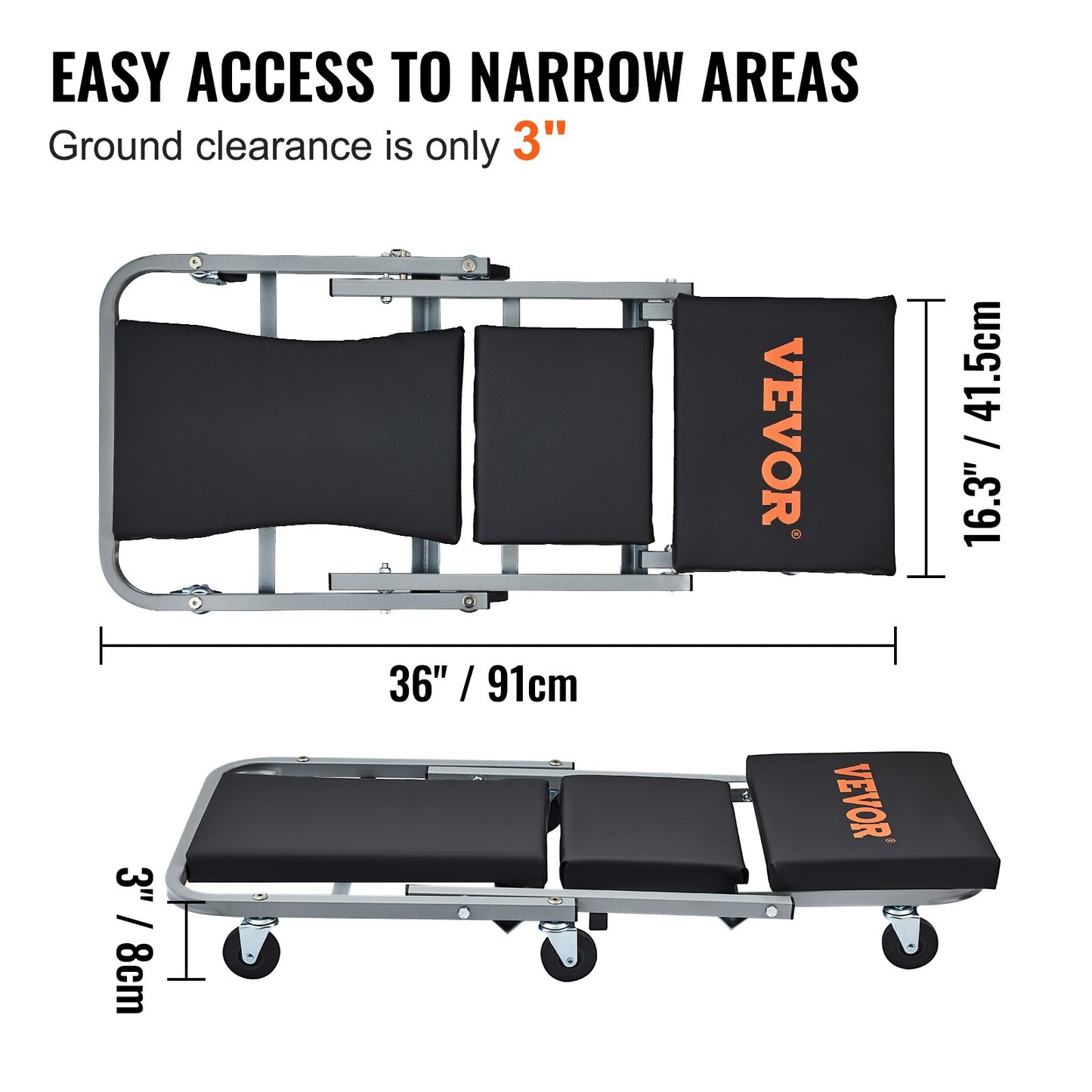 Z-Creeper-säte, 2-i-1 rullande hopfällbar krypstol/pall, 136 kg kapacitet för mekanikerkrypstol, lågprofilkrypstol med 6 st hjul för garage, verkstad, bilreparationer, ligg- eller sittplatser, svart