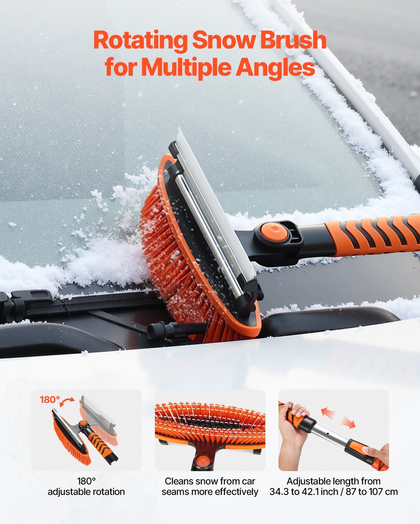 Snow Shovel and Snow Brush, 107cm Extendable Snows Broom & Ice Scraper with 180° Pivoting Brush Head, Non-Slip Grip, Portable Winter Snows Removal Tools for Cars Trucks, SUVs Vehicle