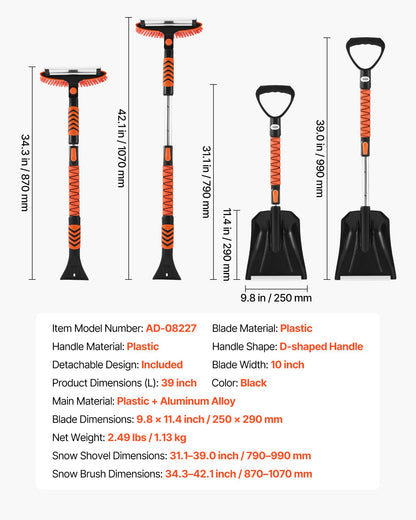 Snow Shovel and Snow Brush, 107cm Extendable Snows Broom & Ice Scraper with 180° Pivoting Brush Head, Non-Slip Grip, Portable Winter Snows Removal Tools for Cars Trucks, SUVs Vehicle