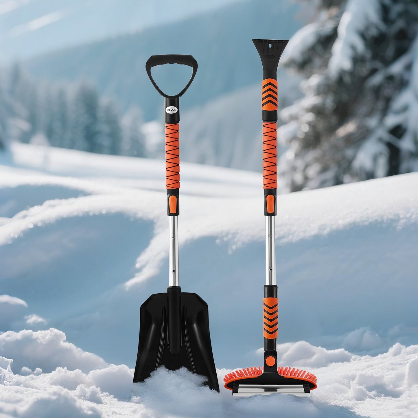 Snow Shovel and Snow Brush, 107cm Extendable Snows Broom & Ice Scraper with 180° Pivoting Brush Head, Non-Slip Grip, Portable Winter Snows Removal Tools for Cars Trucks, SUVs Vehicle