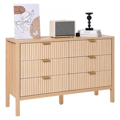 6 Fluted Drawer Dresser, Wooden Chest of Drawers with Sliding & Anti-tip Device, Modern Minimalist Dresser Chest, Closet Storage Organizer for Living Room, Hallway, Bedroom, Entryway, Light Wood