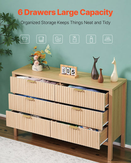 6 Fluted Drawer Dresser, Wooden Chest of Drawers with Sliding & Anti-tip Device, Modern Minimalist Dresser Chest, Closet Storage Organizer for Living Room, Hallway, Bedroom, Entryway, Light Wood