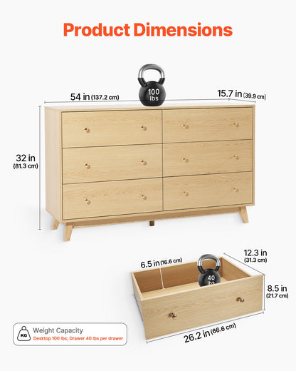 6 Drawer Dresser, Wooden Chest of Drawers with Sliding with Anti-tip Device, Modern Minimalist Dresser Chest, Closet Storage Organizer for Living Room, Hallway, Bedroom, Entryway, Light Wood