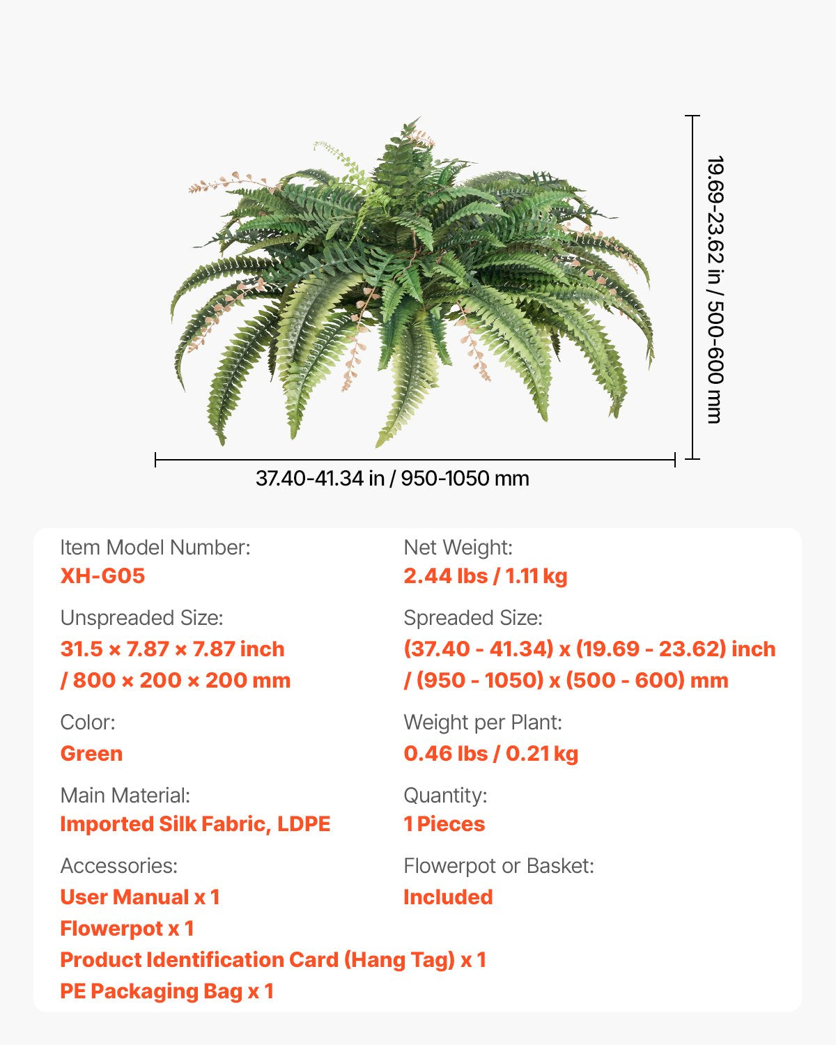 Artificial Ferns, Natural Spread Diameter 37-41 Inch, Large Hanging Fake Boston Ferns, Sunlight Resistant Fake Plant Wall Decor with 80 Branches and Flowerpot, Faux Fern for Home Office Outdoor