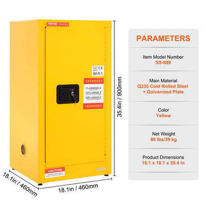 Flammable Safety Cabinet, 60 L, Cold-Rolled Steel Flammable Liquid Storage Cabinet, 46 x 46 x 90 cm Explosion Proof with 2 Adjustable Shelves 1 Door for Commercial Industrial Use, Yellow