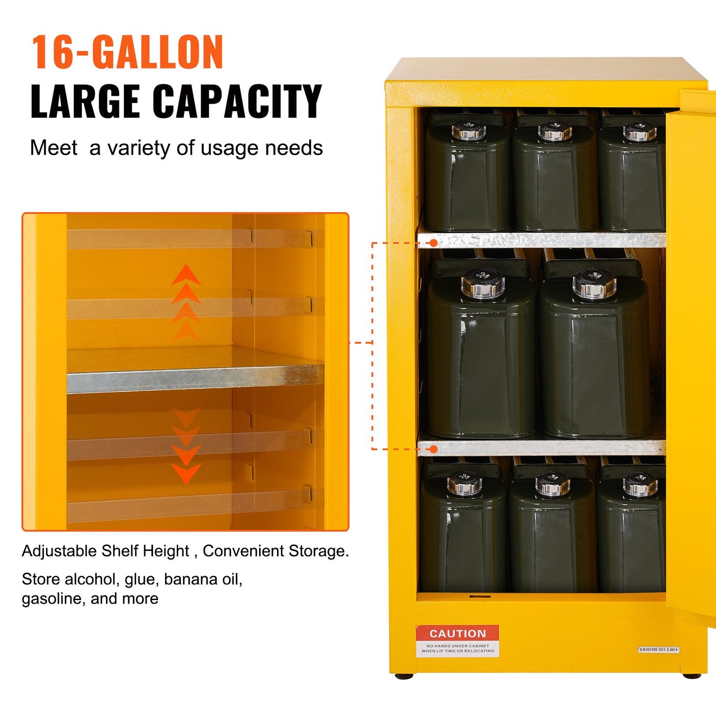 Flammable Safety Cabinet, 60 L, Cold-Rolled Steel Flammable Liquid Storage Cabinet, 46 x 46 x 90 cm Explosion Proof with 2 Adjustable Shelves 1 Door for Commercial Industrial Use, Yellow