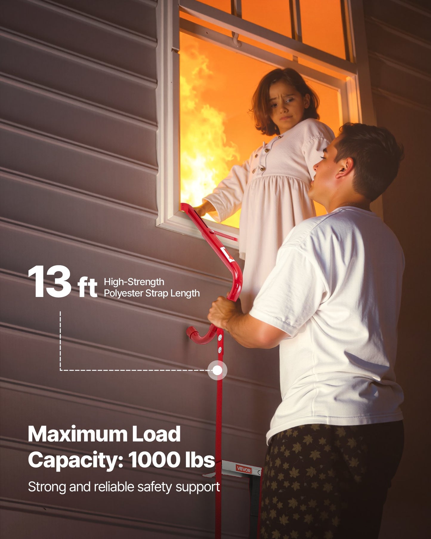 Brandstege, 2 våningar, 4 m infällbar brandstege, lätt säkerhetsstege i aluminiumlegering med robust polyesterrem, halkfria stegpinnar och breda steg, max belastning 453 kg