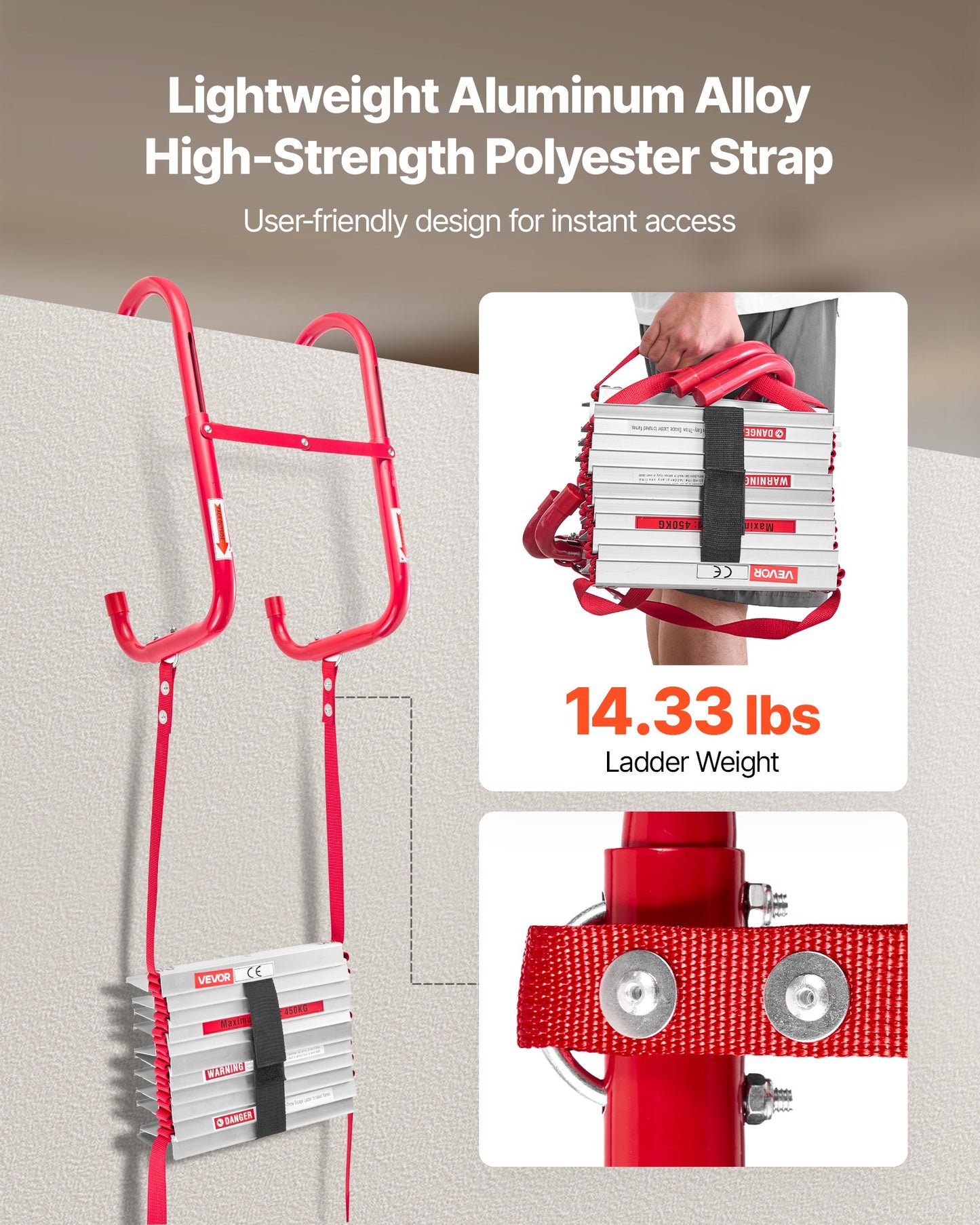 Fire Escape Ladder, 3-Story 7.62m Retractable Emergency Fire Ladder, Lightweight Aluminum Alloy Safety Escape Ladders with Sturdy Polyester Strap, Anti-Slip Rung & Wide Steps, 453KG Max Loading