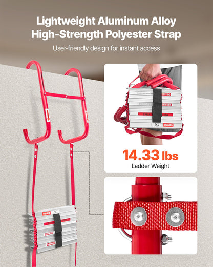 Fire Escape Ladder, 3-Story 7.62m Retractable Emergency Fire Ladder, Lightweight Aluminum Alloy Safety Escape Ladders with Sturdy Polyester Strap, Anti-Slip Rung & Wide Steps, 453KG Max Loading