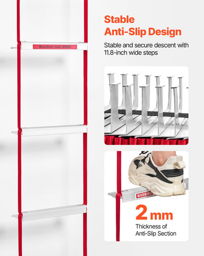 Fire Escape Ladder, 3-Story 7.62m Retractable Emergency Fire Ladder, Lightweight Aluminum Alloy Safety Escape Ladders with Sturdy Polyester Strap, Anti-Slip Rung & Wide Steps, 453KG Max Loading