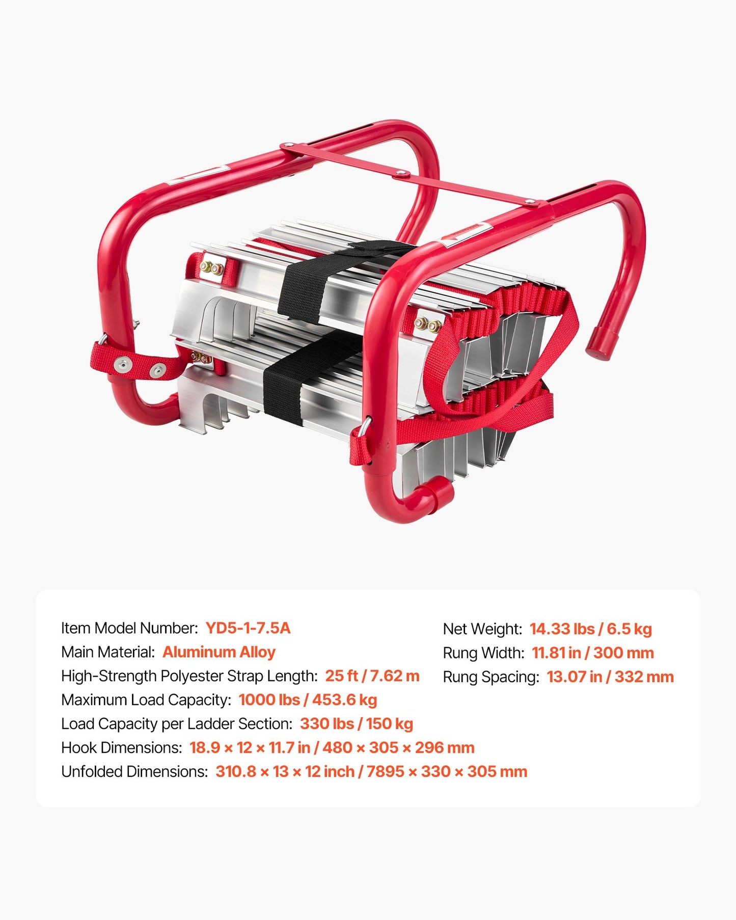 Fire Escape Ladder, 3-Story 7.62m Retractable Emergency Fire Ladder, Lightweight Aluminum Alloy Safety Escape Ladders with Sturdy Polyester Strap, Anti-Slip Rung & Wide Steps, 453KG Max Loading