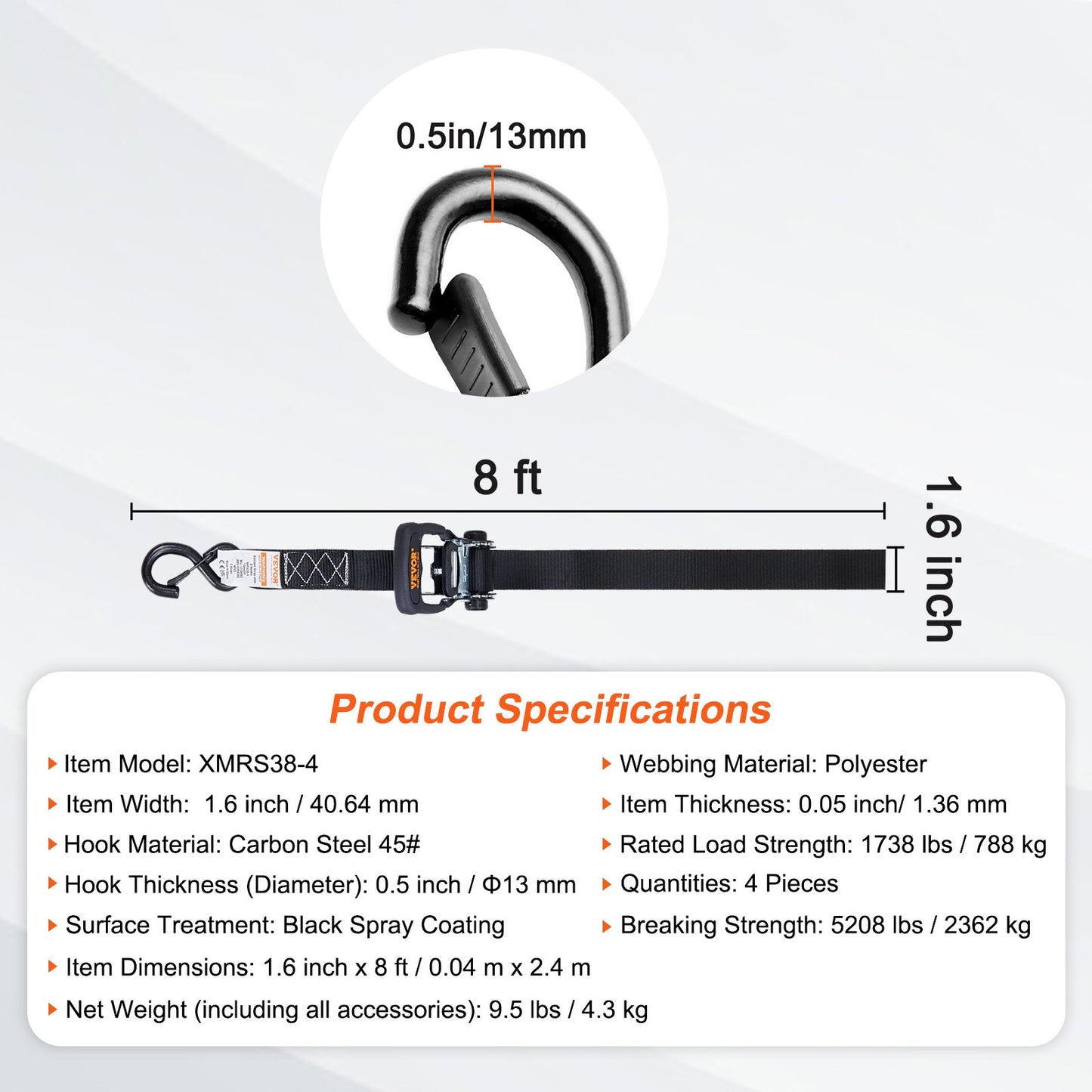 Ratchet Tie Down Straps (4PK), 5208 lb Max Break Strength, Includes 4 Premium 1.6" x 8' Rachet Tie Downs with Padded Handles, for Moving Securing Cargo, Appliances, Lawn Equipment, Motorcycle