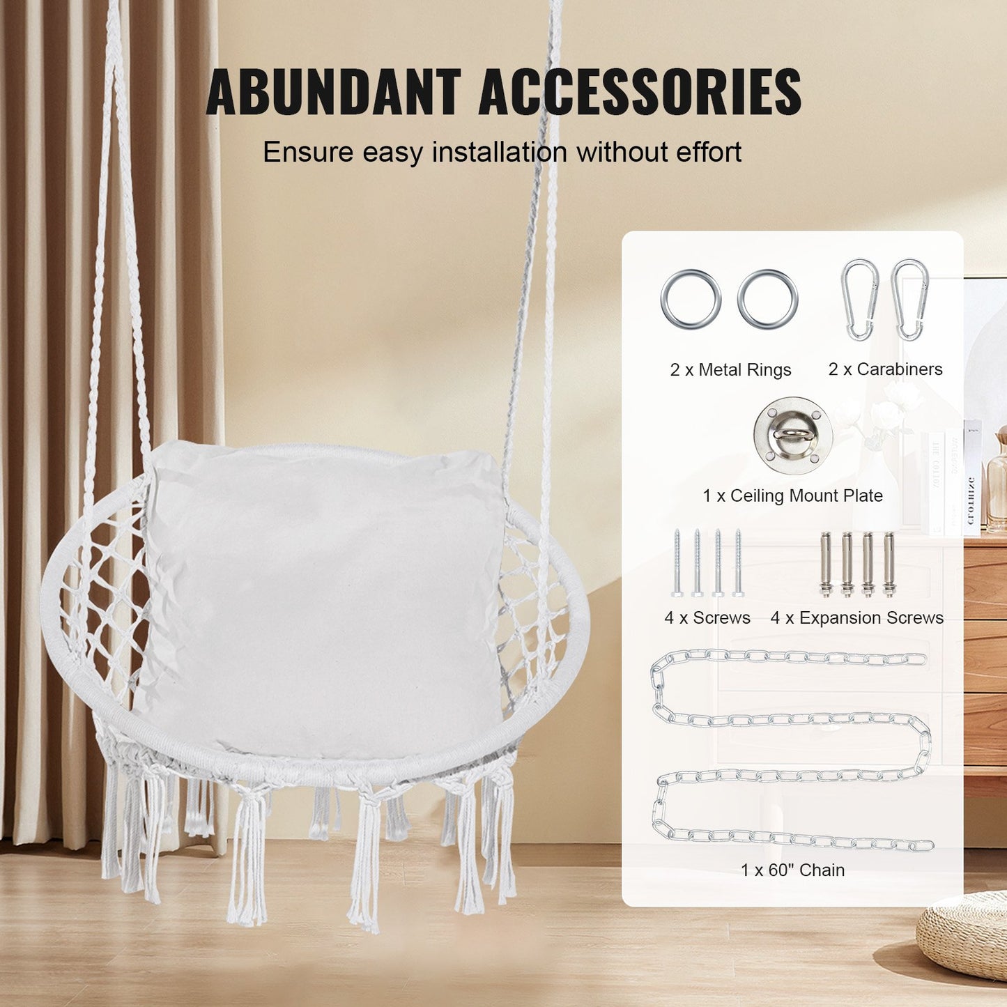 Hanging Hammock Swing Chair, 330 lbs Capacity, Macramé Hanging Chair with Cushion and Mounting Hardware, Cotton Rope Swing Chair for Bedroom, Balcony, Patio, Garden, White