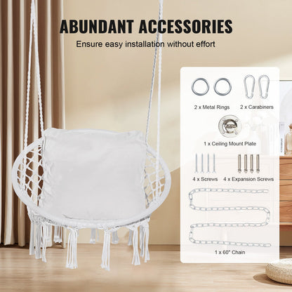 Hanging Hammock Swing Chair, 330 lbs Capacity, Macramé Hanging Chair with Cushion and Mounting Hardware, Cotton Rope Swing Chair for Bedroom, Balcony, Patio, Garden, White