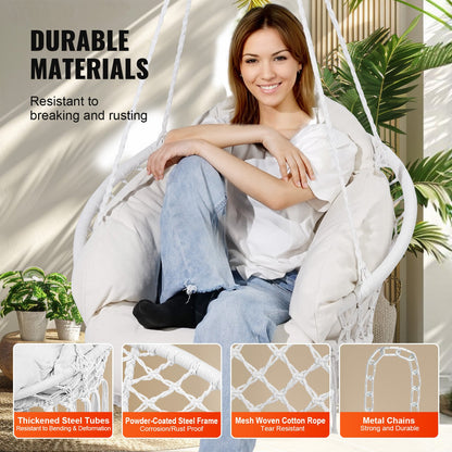 Hanging Hammock Swing Chair, Macramé Hanging Chair with Cushion and Mounting Hardware, Cotton Rope Swing Chair for Bedroom, Balcony, Patio, Garden, 264 lbs Capacity, White