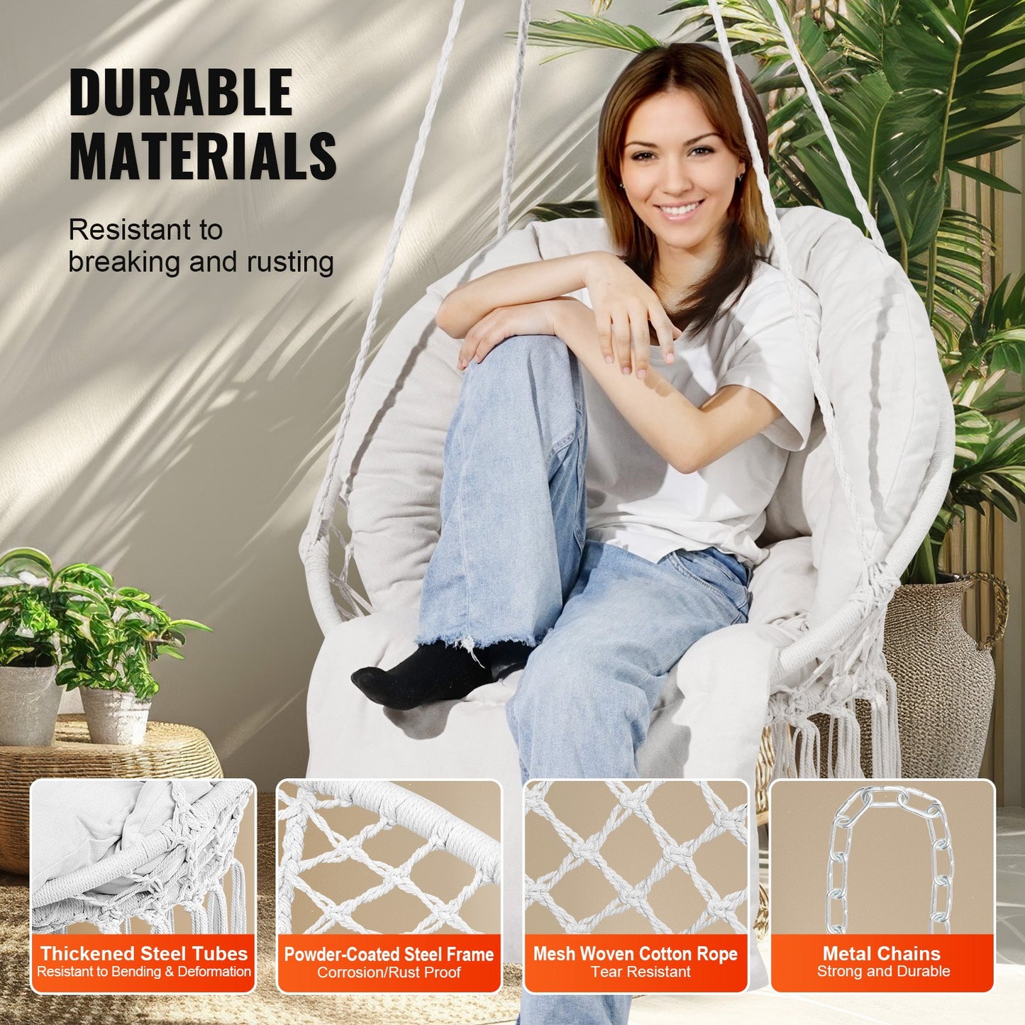 Hanging Hammock Swing Chair, 330 Lbs Capacity, Macramé Hanging Chair with Cushion and Mounting Hardware, Cotton Rope Swing Chair for Bedroom, Balcony, Patio, Garden, Beige