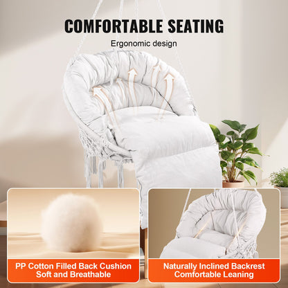 Hanging Hammock Swing Chair, 330 Lbs Capacity, Macramé Hanging Chair with Cushion and Mounting Hardware, Cotton Rope Swing Chair for Bedroom, Balcony, Patio, Garden, Beige