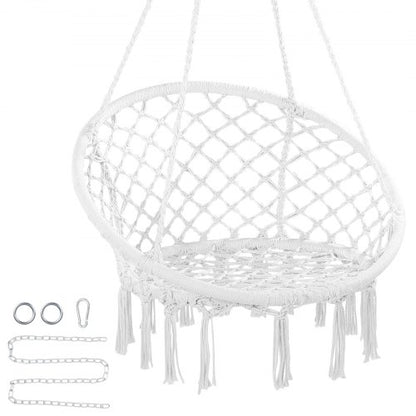 Hanging Hammock Swing Chair, 330 Lbs Capacity, Macramé Hanging Chair with Mounting Hardware, Cotton Rope Swing Chair for Bedroom, Balcony, Patio, Garden, White