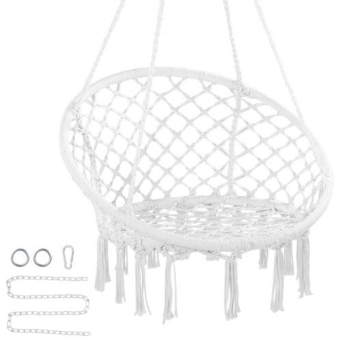 Hanging Hammock Swing Chair, 330 Lbs Capacity, Macramé Hanging Chair with Mounting Hardware, Cotton Rope Swing Chair for Bedroom, Balcony, Patio, Garden, White