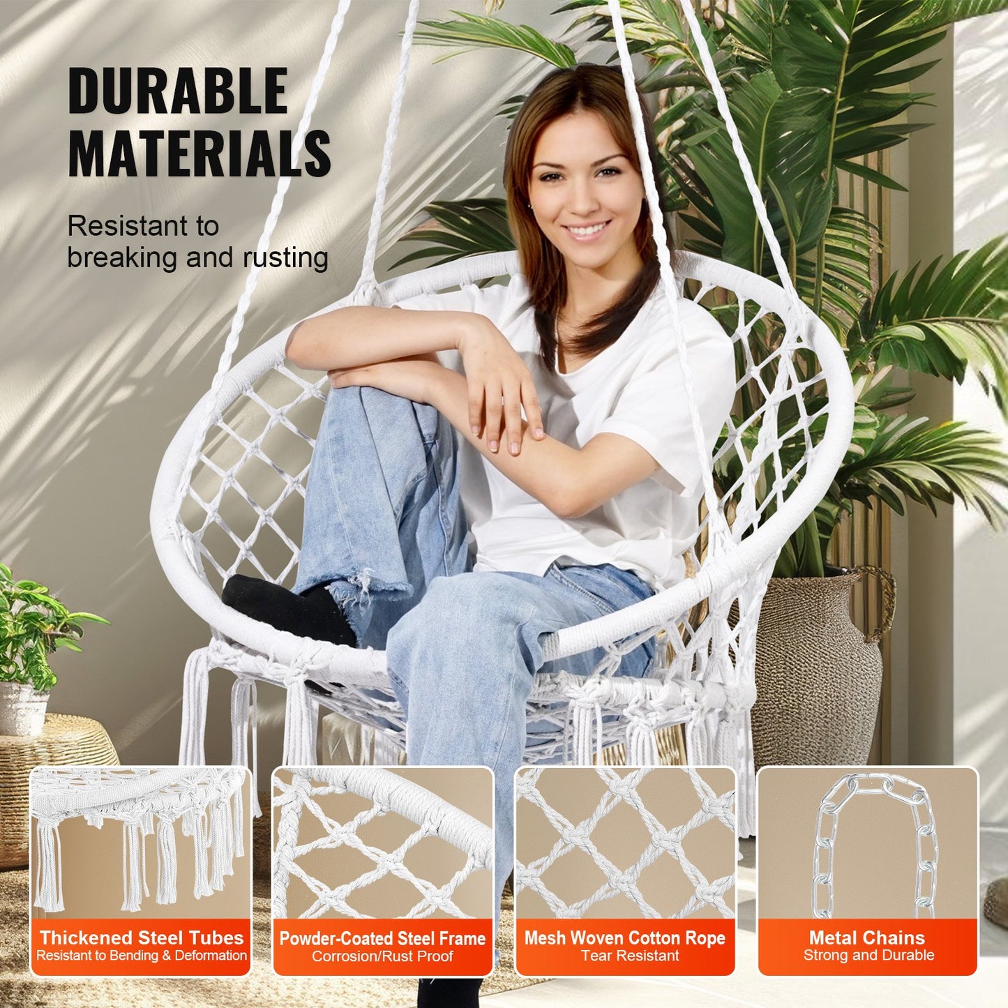 Hanging Hammock Swing Chair, 330 Lbs Capacity, Macramé Hanging Chair with Mounting Hardware, Cotton Rope Swing Chair for Bedroom, Balcony, Patio, Garden, White