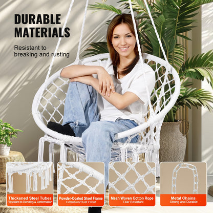 Hanging Hammock Swing Chair, 330 Lbs Capacity, Macramé Hanging Chair with Mounting Hardware, Cotton Rope Swing Chair for Bedroom, Balcony, Patio, Garden, White