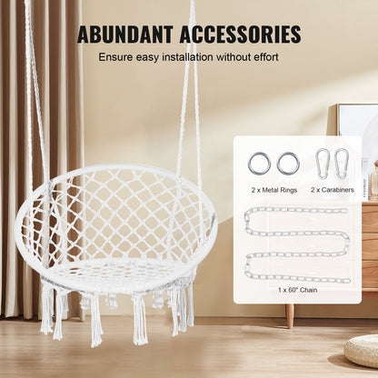 Hanging Hammock Swing Chair, 330 Lbs Capacity, Macramé Hanging Chair with Mounting Hardware, Cotton Rope Swing Chair for Bedroom, Balcony, Patio, Garden, White