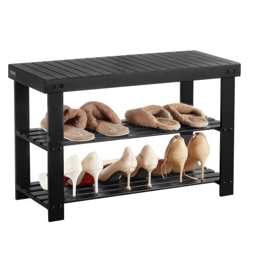 Shoe Rack Bench, 3-Tier Bamboo Entryway Bench, Shoe Storage Organizer Holds Up to 286 lbs, 703 x 288 x 451 mm, for Front Door, Hallway, Living Room, Bedroom, Black