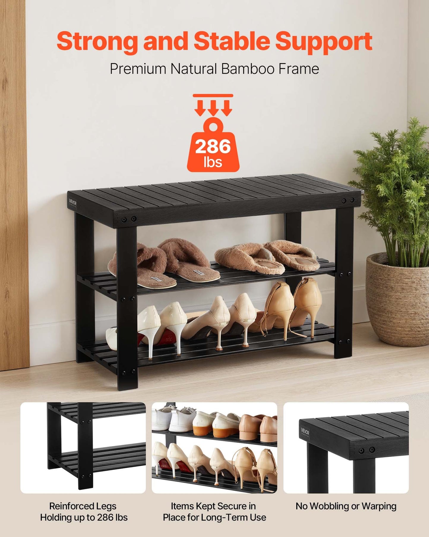 Shoe Rack Bench, 3-Tier Bamboo Entryway Bench, Shoe Storage Organizer Holds Up to 286 lbs, 703 x 288 x 451 mm, for Front Door, Hallway, Living Room, Bedroom, Black