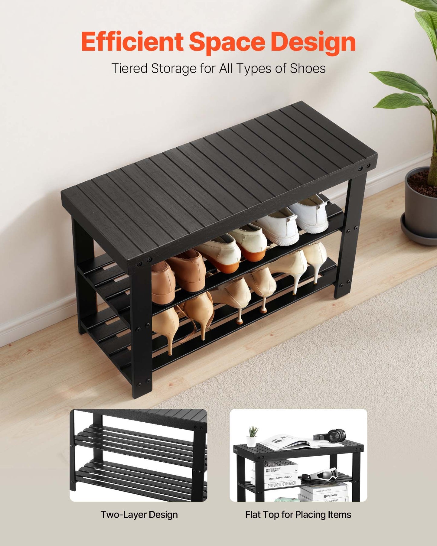 Shoe Rack Bench, 3-Tier Bamboo Entryway Bench, Shoe Storage Organizer Holds Up to 286 lbs, 703 x 288 x 451 mm, for Front Door, Hallway, Living Room, Bedroom, Black