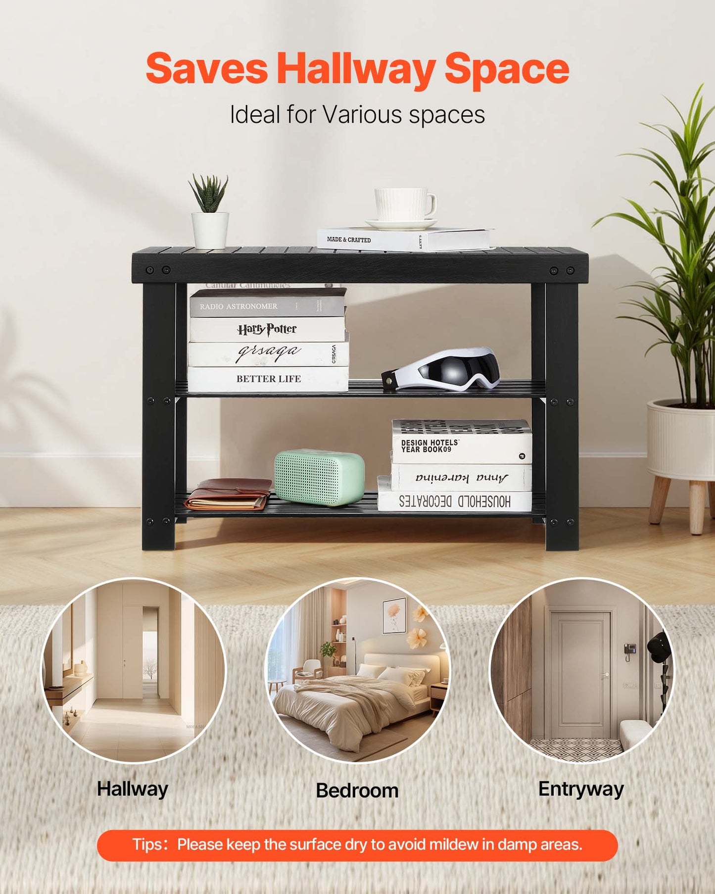 Shoe Rack Bench, 3-Tier Bamboo Entryway Bench, Shoe Storage Organizer Holds Up to 286 lbs, 703 x 288 x 451 mm, for Front Door, Hallway, Living Room, Bedroom, Black