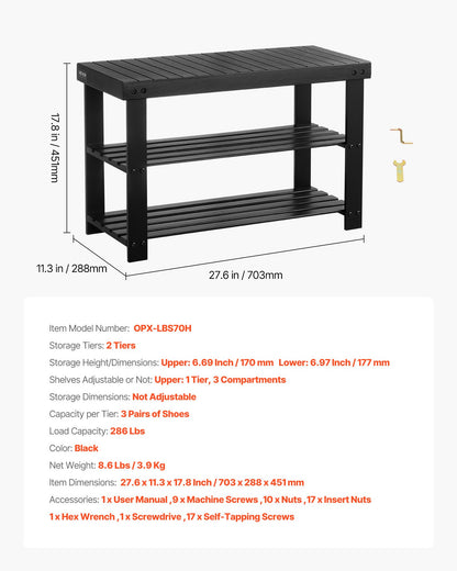 Shoe Rack Bench, 3-Tier Bamboo Entryway Bench, Shoe Storage Organizer Holds Up to 286 lbs, 703 x 288 x 451 mm, for Front Door, Hallway, Living Room, Bedroom, Black