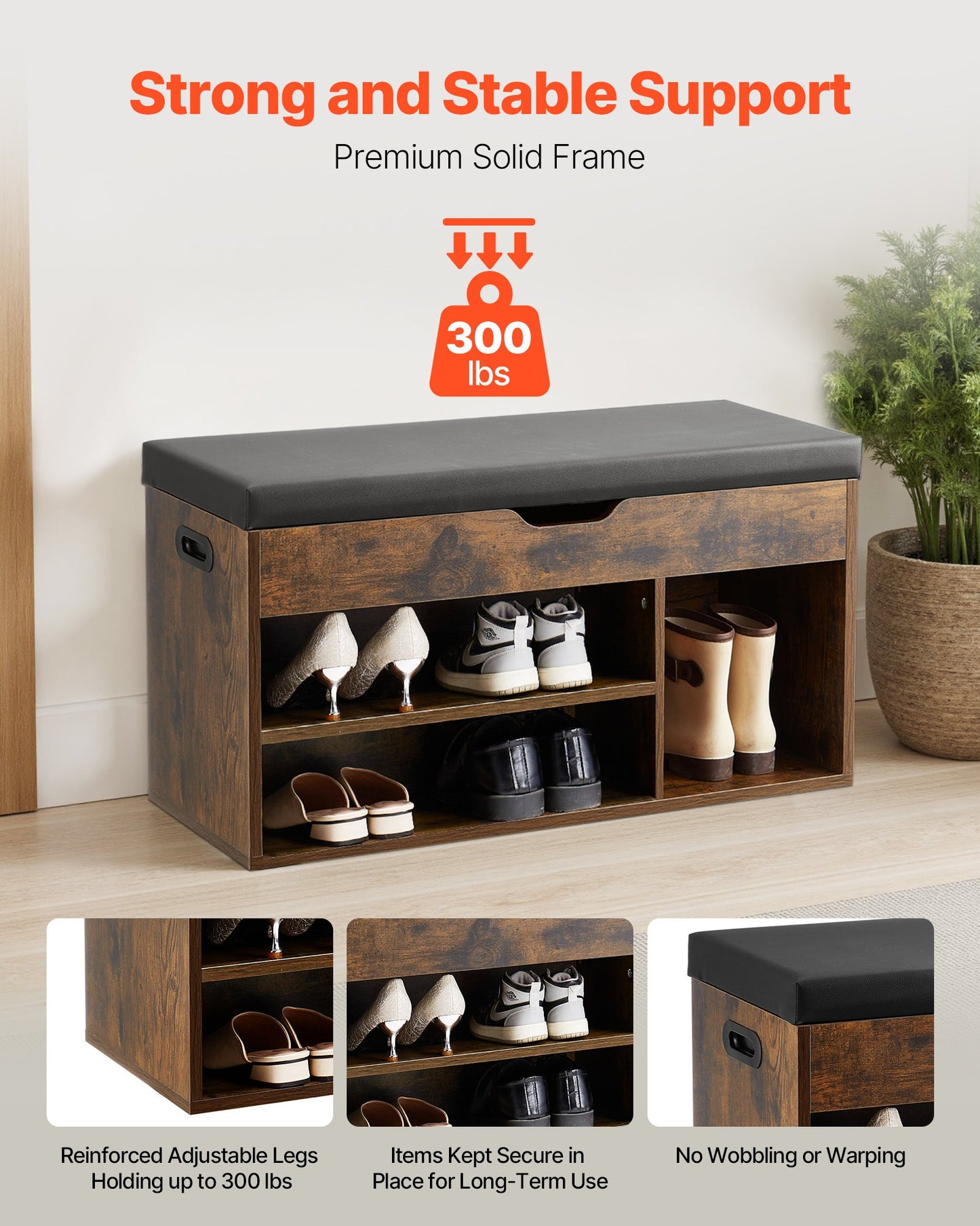 Entryway Shoe Bench, 805 x 305 x 445 mm Shoe Storage Organizer with Hidden Lift Top Storage Space, 300lbs Bench with Cushion Seat and 3 Cabinets for Hallway, Living Room, Bedroom, Brown + Black