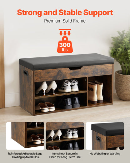 Entryway Shoe Bench, 805 x 305 x 445 mm Shoe Storage Organizer with Hidden Lift Top Storage Space, 300lbs Bench with Cushion Seat and 3 Cabinets for Hallway, Living Room, Bedroom, Brown + Black