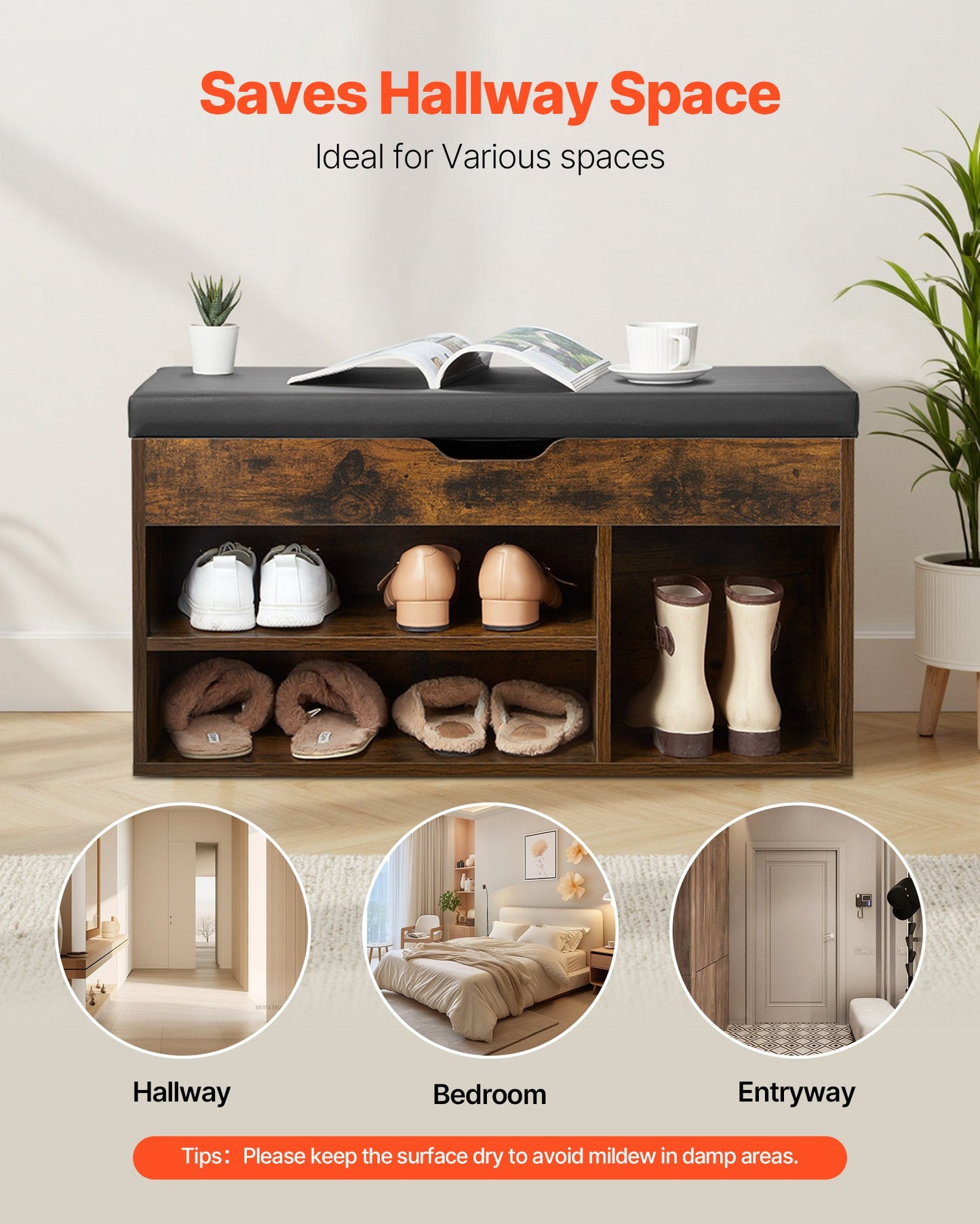 Entryway Shoe Bench, 805 x 305 x 445 mm Shoe Storage Organizer with Hidden Lift Top Storage Space, 300lbs Bench with Cushion Seat and 3 Cabinets for Hallway, Living Room, Bedroom, Brown + Black