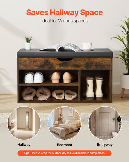 Entryway Shoe Bench, 805 x 305 x 445 mm Shoe Storage Organizer with Hidden Lift Top Storage Space, 300lbs Bench with Cushion Seat and 3 Cabinets for Hallway, Living Room, Bedroom, Brown + Black