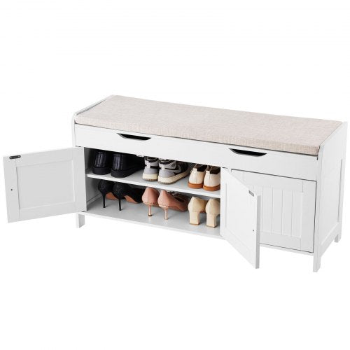 Shoe Bench, 1050 x 350 x 503 mm Entryway Bench with Lift Top Storage and Seat Cushion, 250lbs Shoe Storage Rack with 3 Cabinets and Height Adjustable Shelf, for Bedroom, Hallway, White + Black