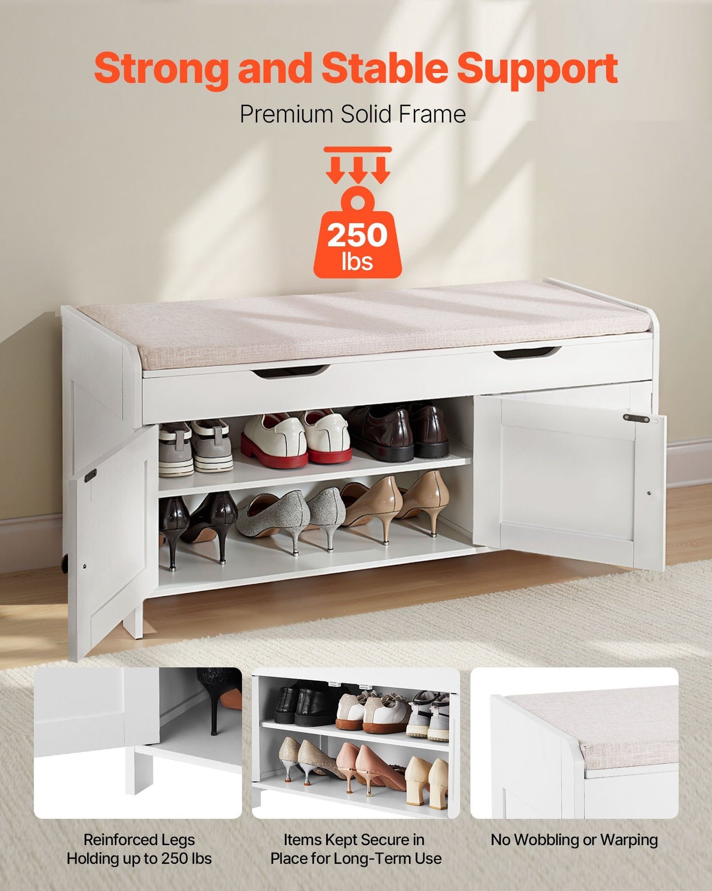 Skobänk, 1050 x 350 x 503 mm entrébänk med lyftbar förvaring och sittdyna, skohylla på 112 kg med 3 skåp och höjdjusterbar hylla, för sovrum, hall, vit + svart