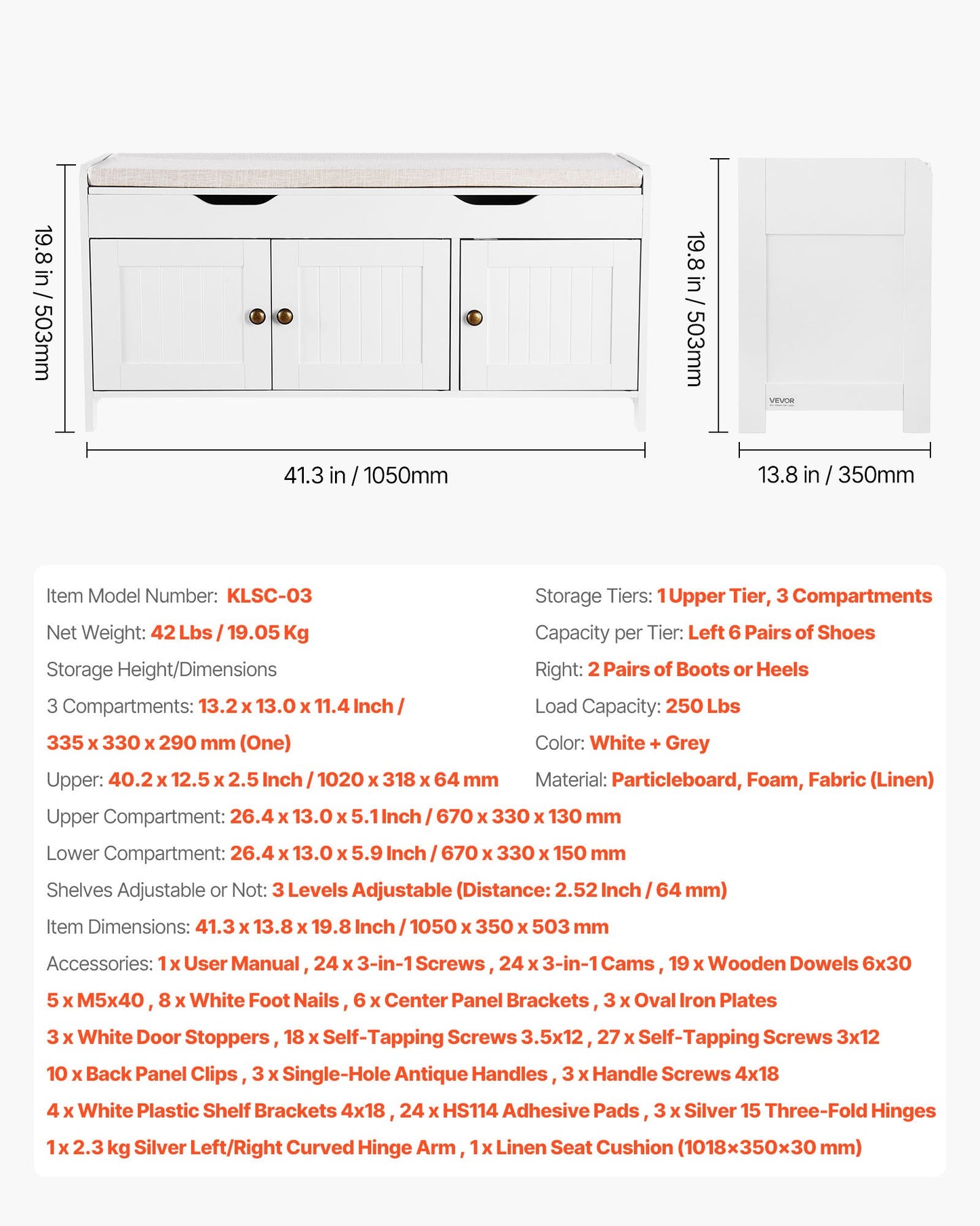 Skobänk, 1050 x 350 x 503 mm entrébänk med lyftbar förvaring och sittdyna, skohylla på 112 kg med 3 skåp och höjdjusterbar hylla, för sovrum, hall, vit + svart
