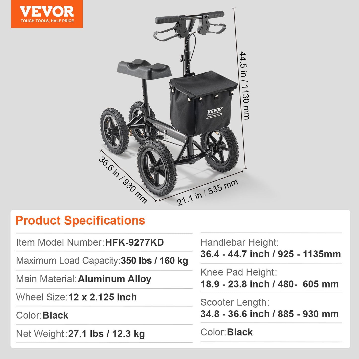 Folding Knee Scooter, Aluminum Steerable Knee Walker with Height-Adjustable Handlebar & Knee Pad, 12" (30.5 cm) All-Terrain Wheels, Dual Brakes, Leg Recovery Scooter for Broken Ankle Foot Injuries, 350LBS/158.8 kg
