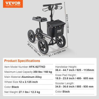 Folding Knee Scooter, Aluminum Steerable Knee Walker with Height-Adjustable Handlebar & Knee Pad, 12" (30.5 cm) All-Terrain Wheels, Dual Brakes, Leg Recovery Scooter for Broken Ankle Foot Injuries, 350LBS/158.8 kg