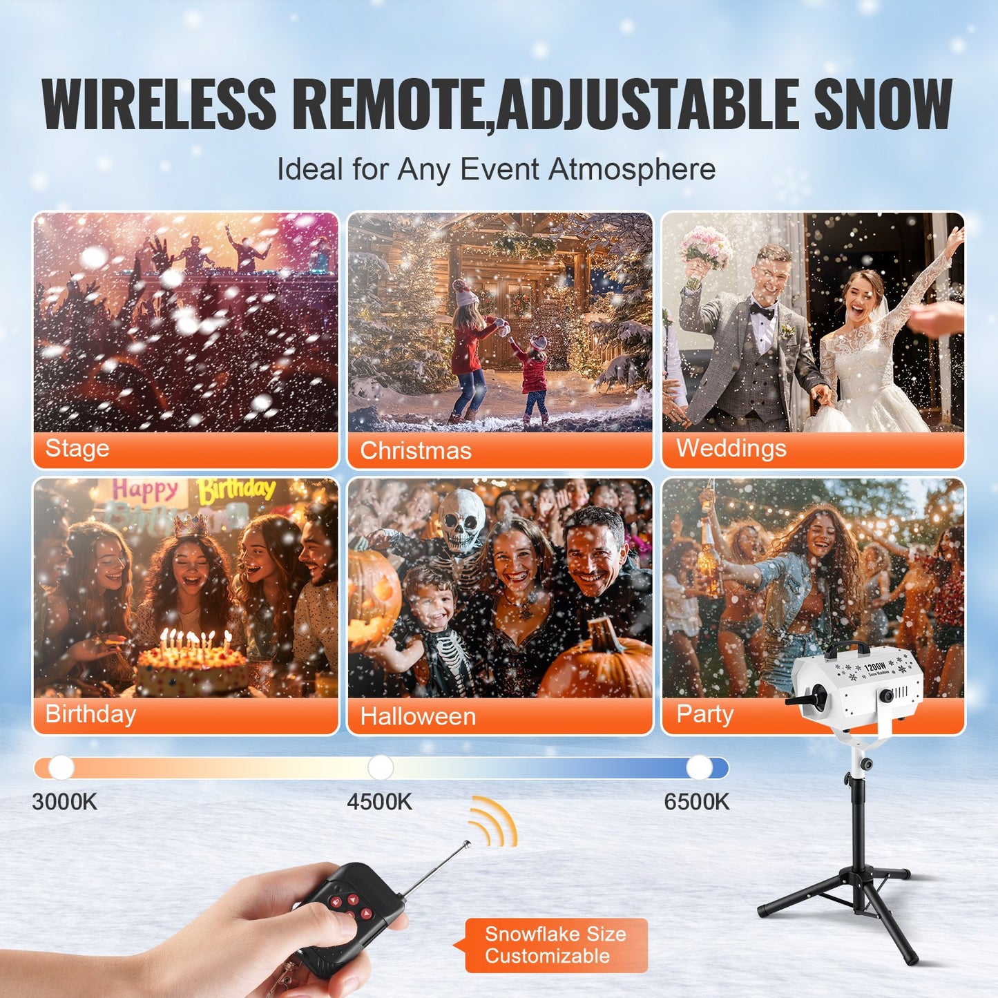 Snow Machine, 1200W, Snow Making Machine with Height Adjustable Stand, Indoor Wireless Remote Control Snowflake Maker, High Output Fake Snow Maker for Christmas Parties Wedding Stage Effect